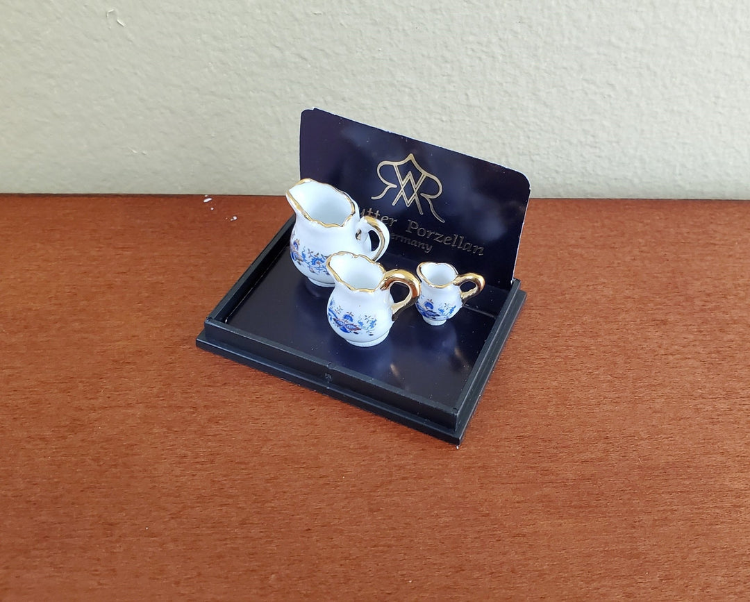 Dollhouse Miniature 3 Pitchers Reutter Porcelain 1:12 Scale Blue White Gold Jugs - Miniature Crush