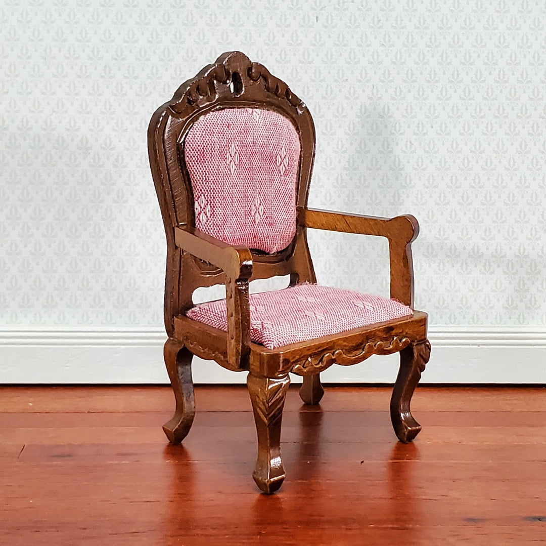 Dollhouse Miniature Arm Chair Padded Seat 1:12 Scale Walnut Finish Pink/Red Fabric - Miniature Crush