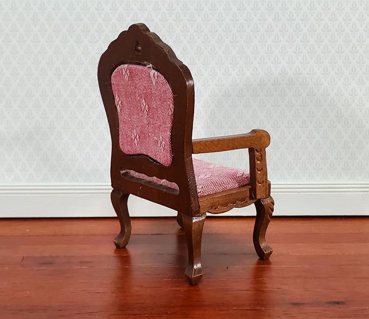Dollhouse Miniature Arm Chair Padded Seat 1:12 Scale Walnut Finish Pink/Red Fabric - Miniature Crush