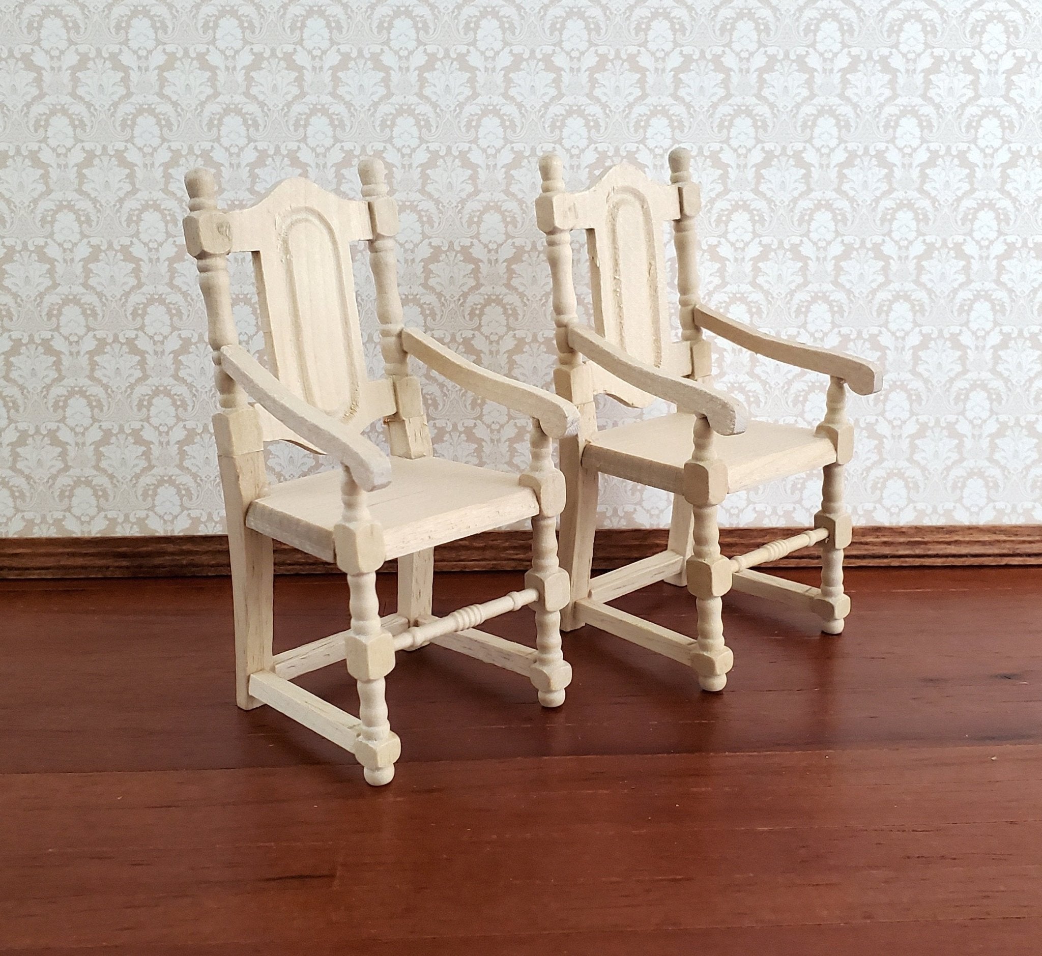 Dollhouse Miniature Arm Chairs Dining Room Set of 2 Unpainted Wood