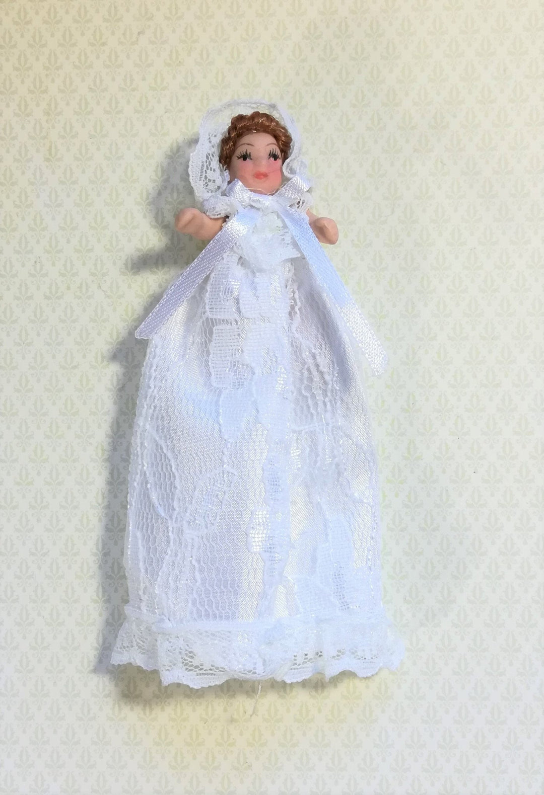 Dollhouse Miniature Baby Doll in Long White Lace Gown 1:12 Scale Brown Hair - Miniature Crush