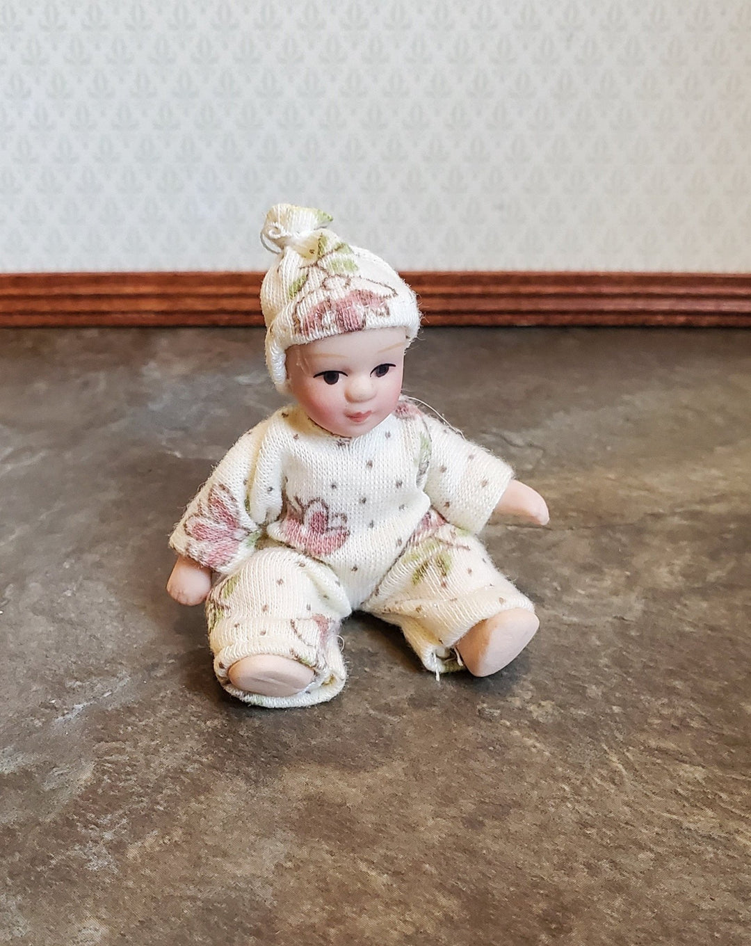 Dollhouse Miniature Baby Doll Porcelain Moveable 1:12 Scale Sleeper Cap - Miniature Crush