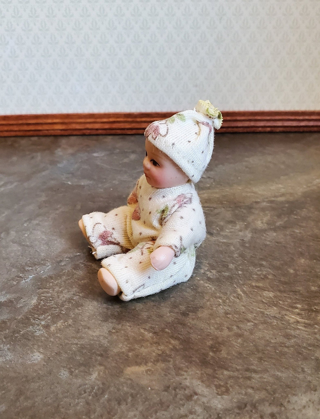 Dollhouse Miniature Baby Doll Porcelain Moveable 1:12 Scale Sleeper Cap - Miniature Crush