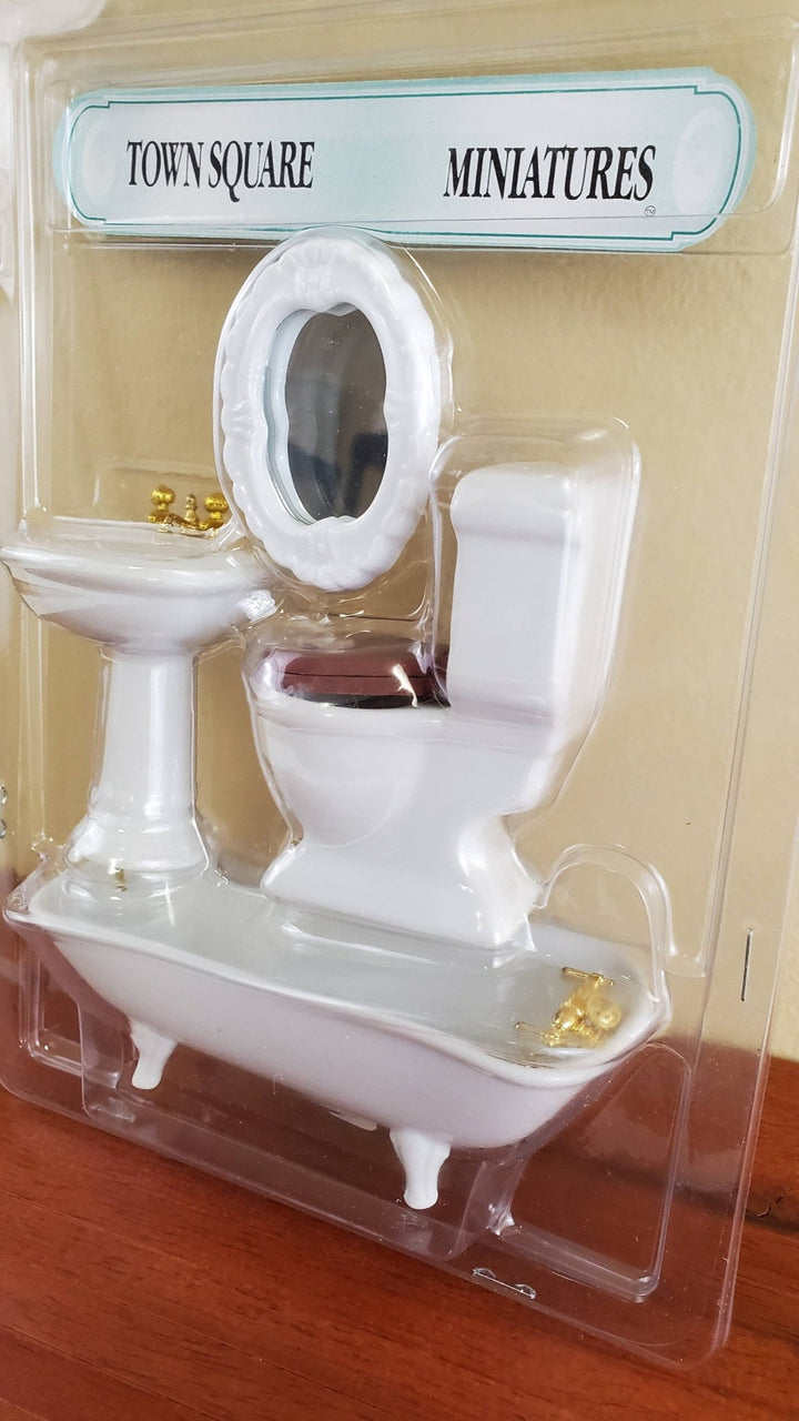 Dollhouse Miniature Bathroom Set Tub Toilet Sink All White Gold Fixtures 1:12 Scale - Miniature Crush