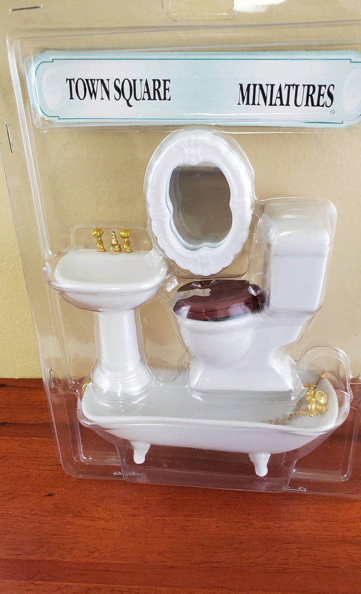 Dollhouse Miniature Bathroom Set Tub Toilet Sink All White Gold Fixtures 1:12 Scale - Miniature Crush
