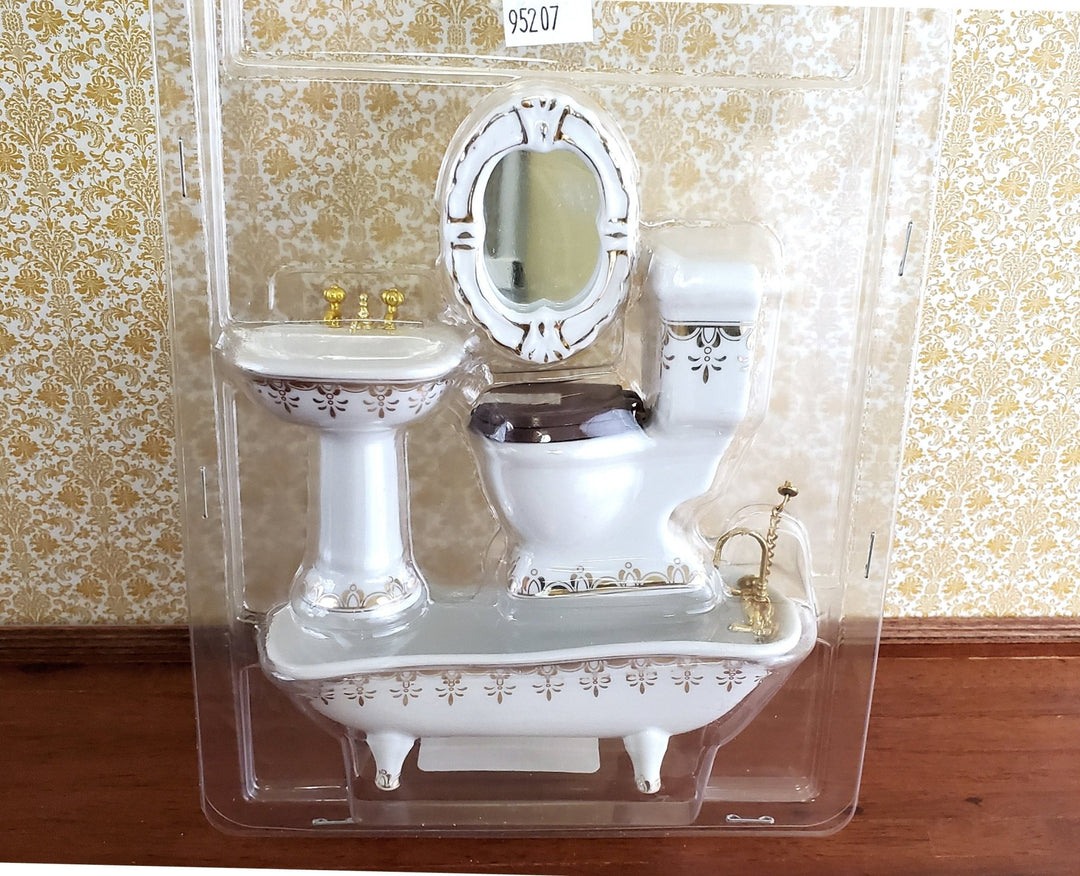 Dollhouse miniature ceramic bathroom set, bathtub, sink, toilet
