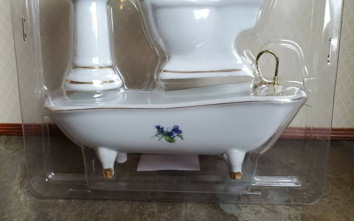 Dollhouse Miniature Bathroom Set Tub Toilet Sink White Purple Flower 1:12 Scale - Miniature Crush