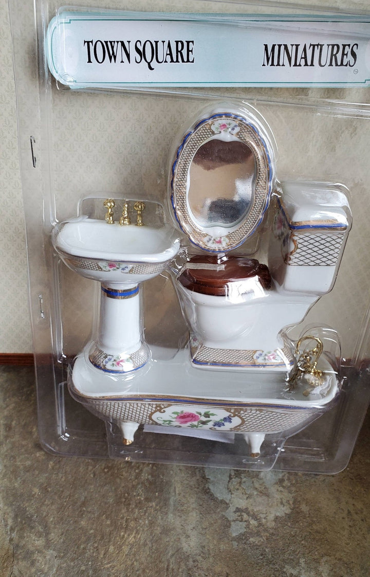 Dollhouse Miniature Bathroom Set White Gold Blue Porcelain Tub Toilet Sink 1:12 Scale - Miniature Crush