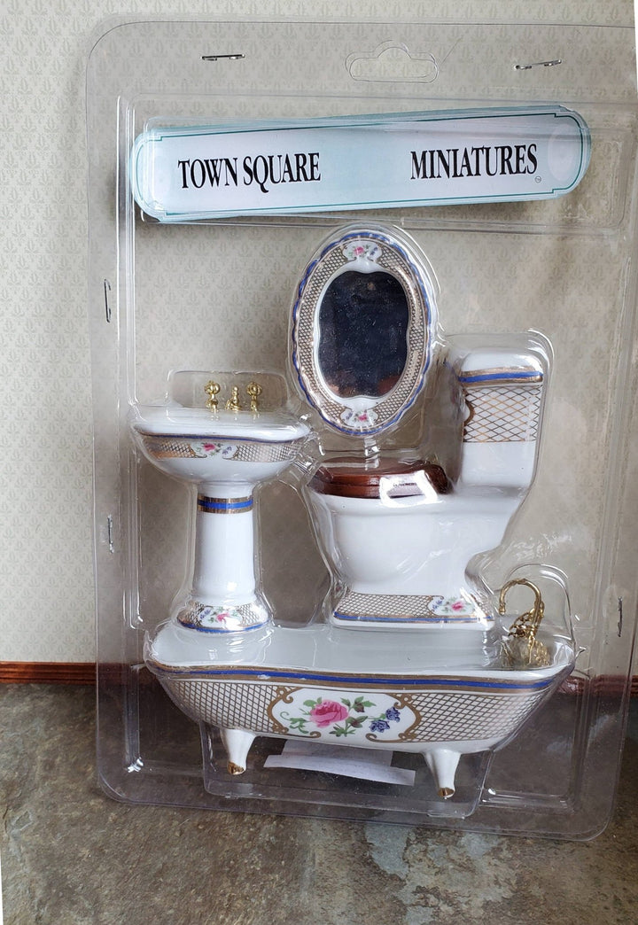 Dollhouse Miniature Bathroom Set White Gold Blue Porcelain Tub Toilet Sink 1:12 Scale - Miniature Crush