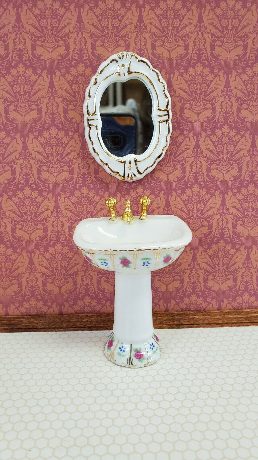 Dollhouse Miniature Bathroom Set White Gold Rose Porcelain Tub Toilet Sink - Miniature Crush