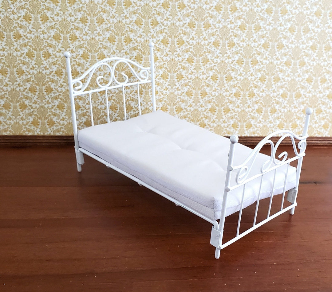 Dollhouse Miniature Bed White Metal Wire with Mattress Twin Size 1:12 Scale Furniture - Miniature Crush