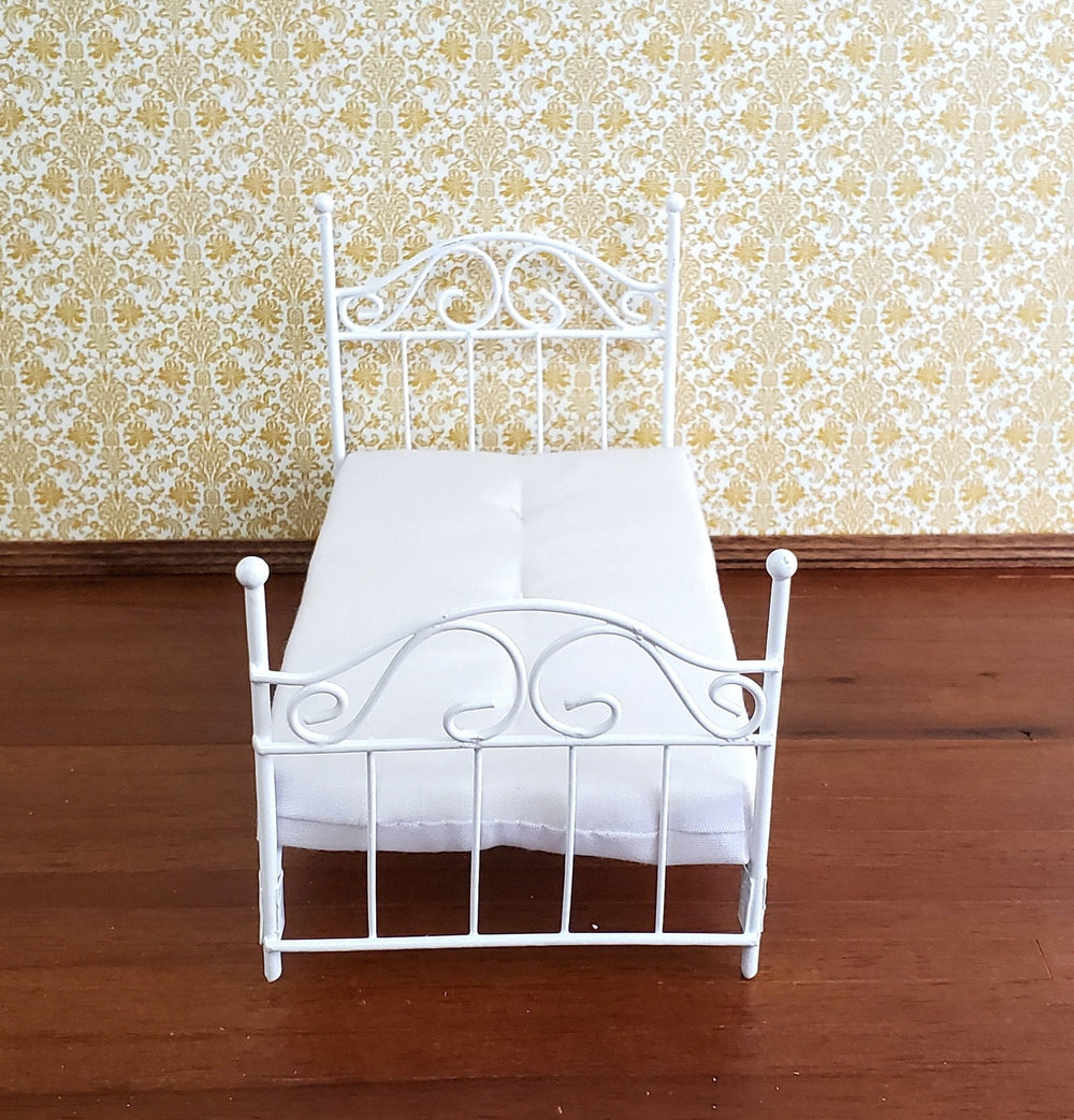 Dollhouse Miniature Bed White Metal Wire with Mattress Twin Size 1:12 Scale Furniture - Miniature Crush