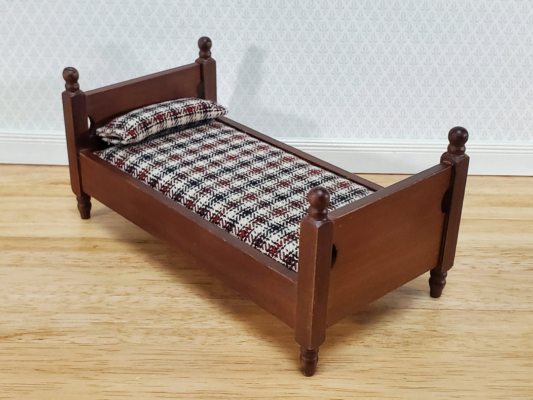 Dollhouse Miniature Bed with Blue Plaid Mattress Pillow Small Boys Room 1:12 Scale Furniture - Miniature Crush