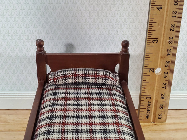 Dollhouse Miniature Bed with Blue Plaid Mattress Pillow Small Boys Room 1:12 Scale Furniture - Miniature Crush