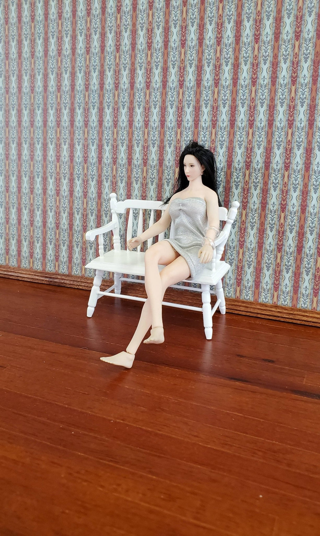 Dollhouse Miniature Bench Deacon Style 1:12 Scale Furniture White Wood - Miniature Crush