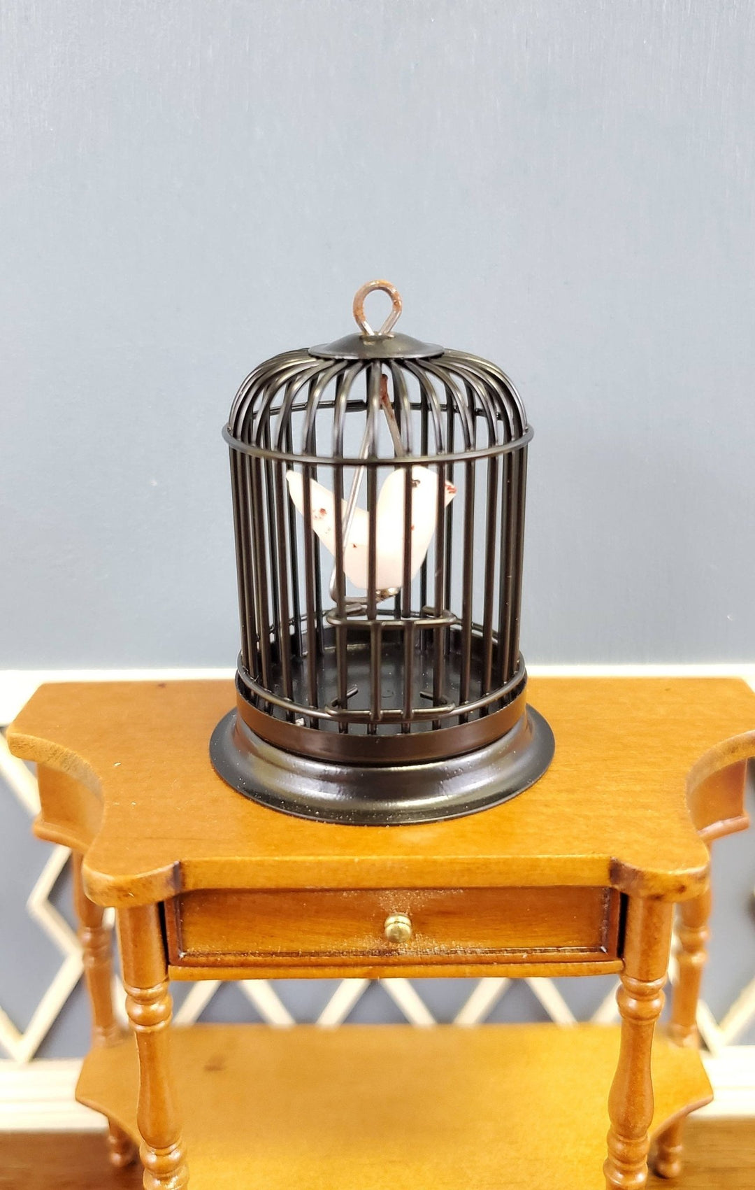 Dollhouse Miniature Birdcage Black Metal with White Bird 1:12 Scale - Miniature Crush