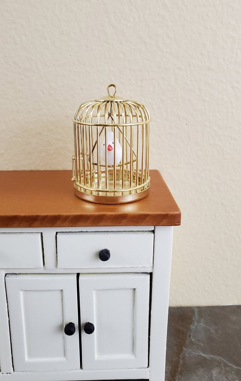 Dollhouse Miniature Birdcage Brass Gold Metal with White Bird 1:12 Scale - Miniature Crush