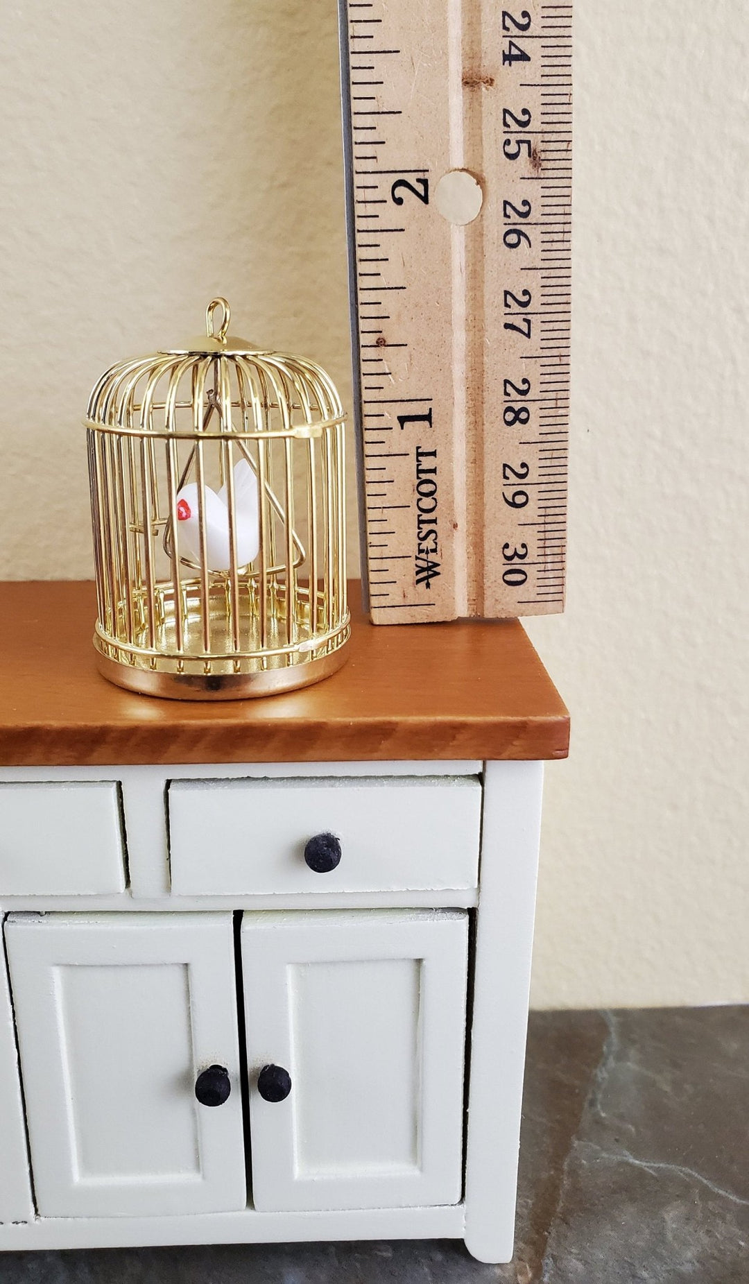 Dollhouse Miniature Birdcage Brass Gold Metal with White Bird 1:12 Scale - Miniature Crush