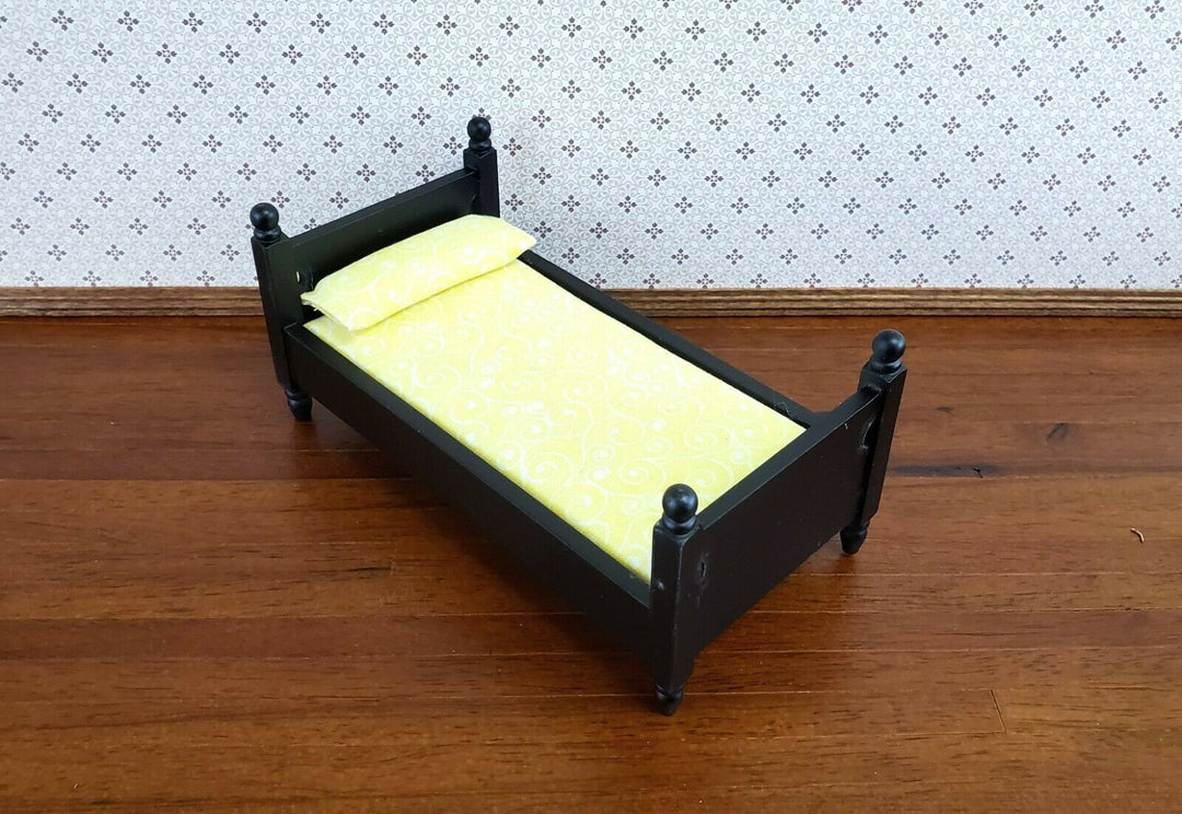 Dollhouse Miniature Black Bed with Mattress Pillow Sheets Small Childs 1:12 - Miniature Crush