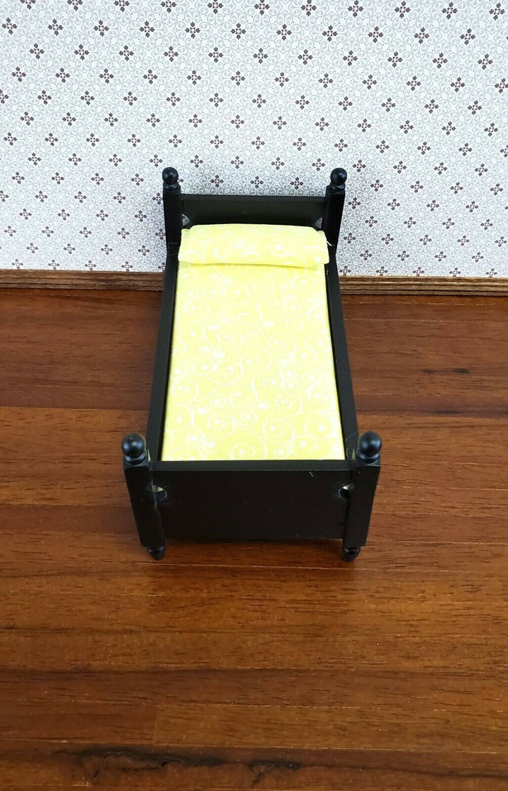 Dollhouse Miniature Black Bed with Mattress Pillow Sheets Small Childs 1:12 - Miniature Crush