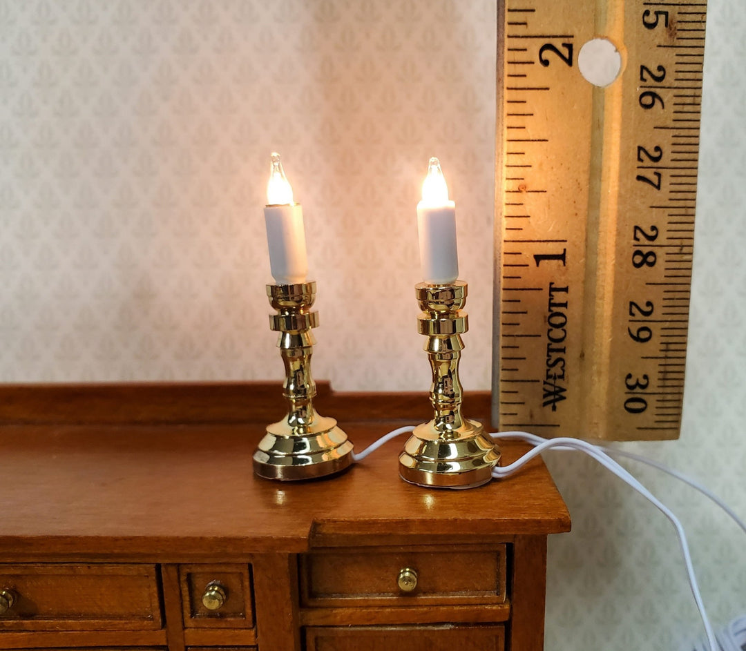 Dollhouse Miniature Candlesticks Pair of Gold Candles 12 Volt with Plug 1:12 Scale - Miniature Crush
