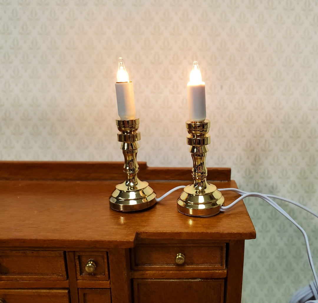 Dollhouse Miniature Candlesticks Pair of Gold Candles 12 Volt with Plug 1:12 Scale - Miniature Crush
