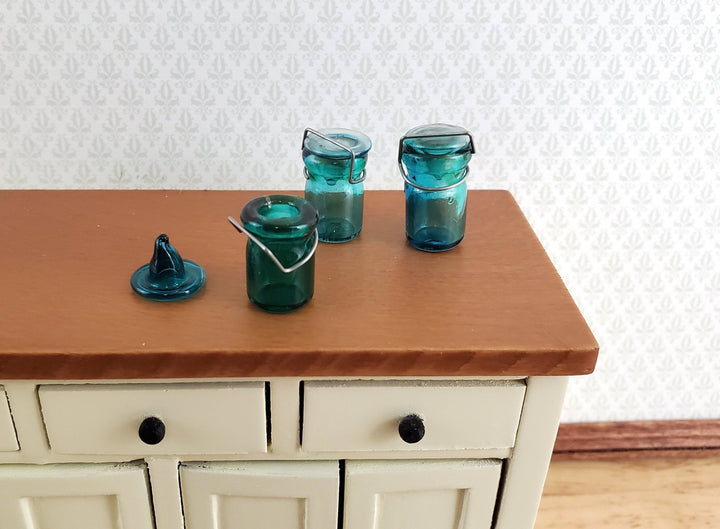 Dollhouse Miniature Canning Jars Glass Aqua with Lids Set of 3 Medium 1:12 Scale - Miniature Crush