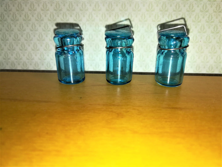 Dollhouse Miniature Canning Jars Large Glass Aqua Blue with Lids Set of 3 1:12 Scale - Miniature Crush