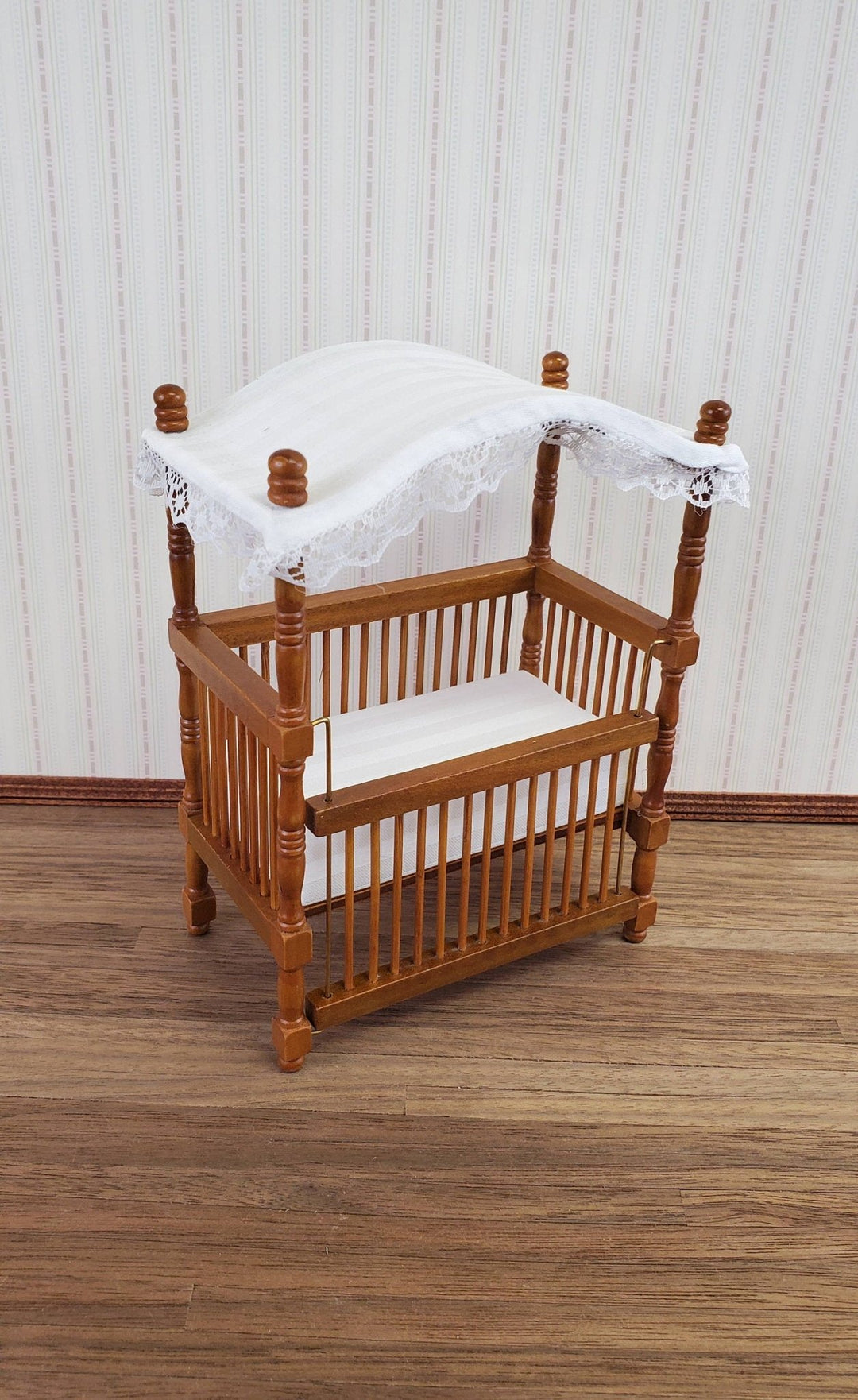 Dollhouse Miniature Canopy Crib Walnut Finish 1:12 Scale Nursery Furniture - Miniature Crush
