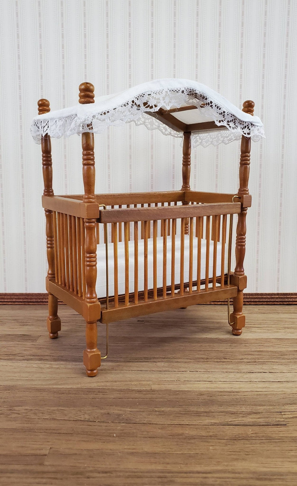 Dollhouse Miniature Canopy Crib Walnut Finish 1:12 Scale Nursery Furniture - Miniature Crush