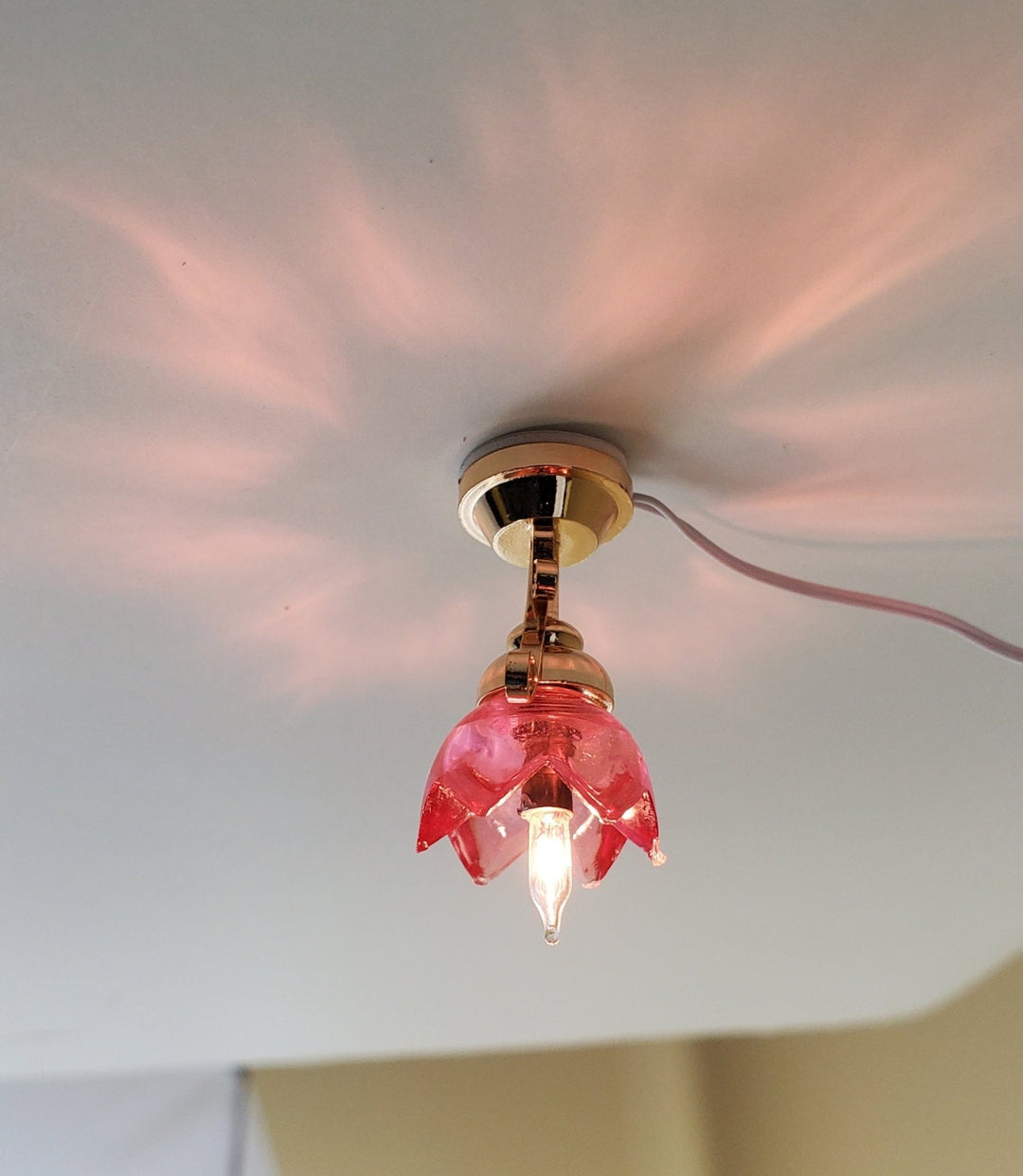Dollhouse Miniature Ceiling Light Pink Lily Flower Shade Gold 12 Volt 1:12 - Miniature Crush
