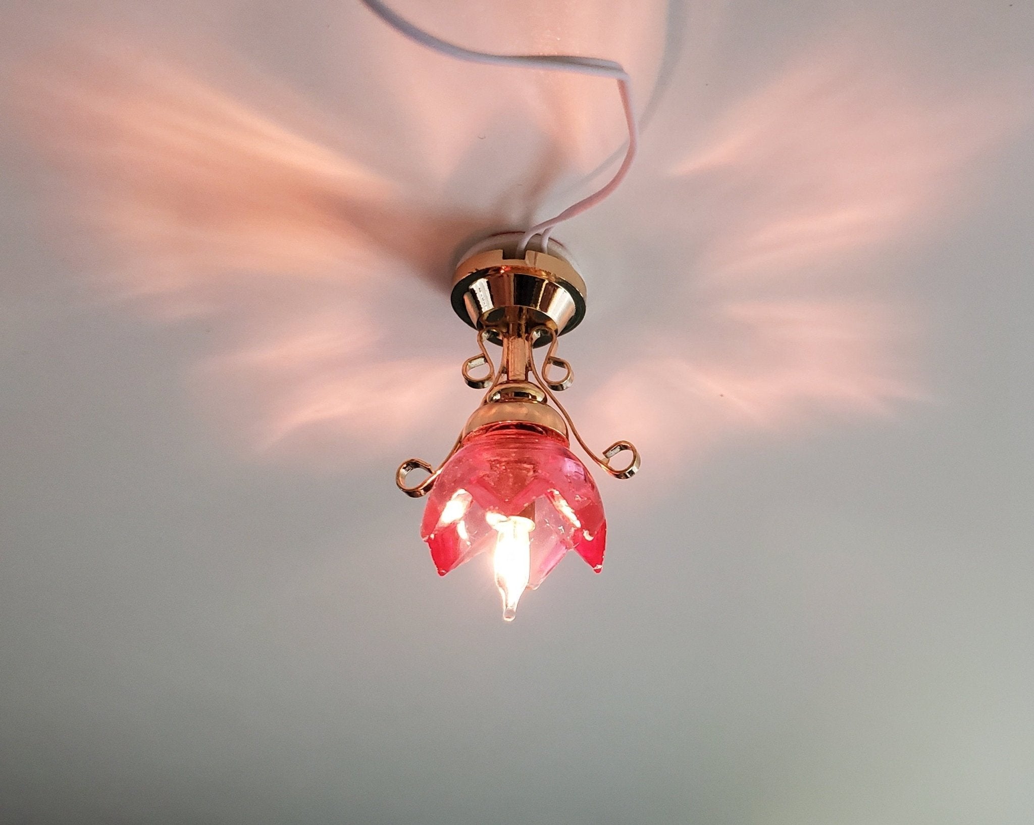 Dollhouse Miniature Ceiling Light Pink Lily Flower Shade Gold 12 Volt 1:12