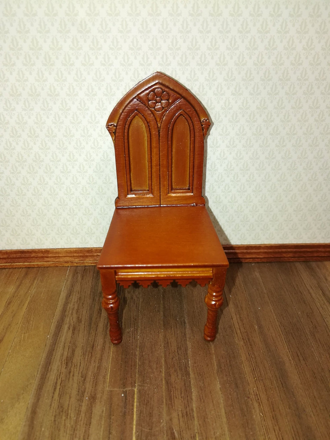Dollhouse Miniature Chair Gothic Tudor Revival Style Walnut Finish 1:12 Scale - Miniature Crush