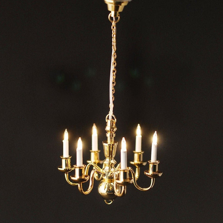 Dollhouse Miniature Chandelier Gold 6 Arm 1:12 Scale 12 Volt Electric - Miniature Crush