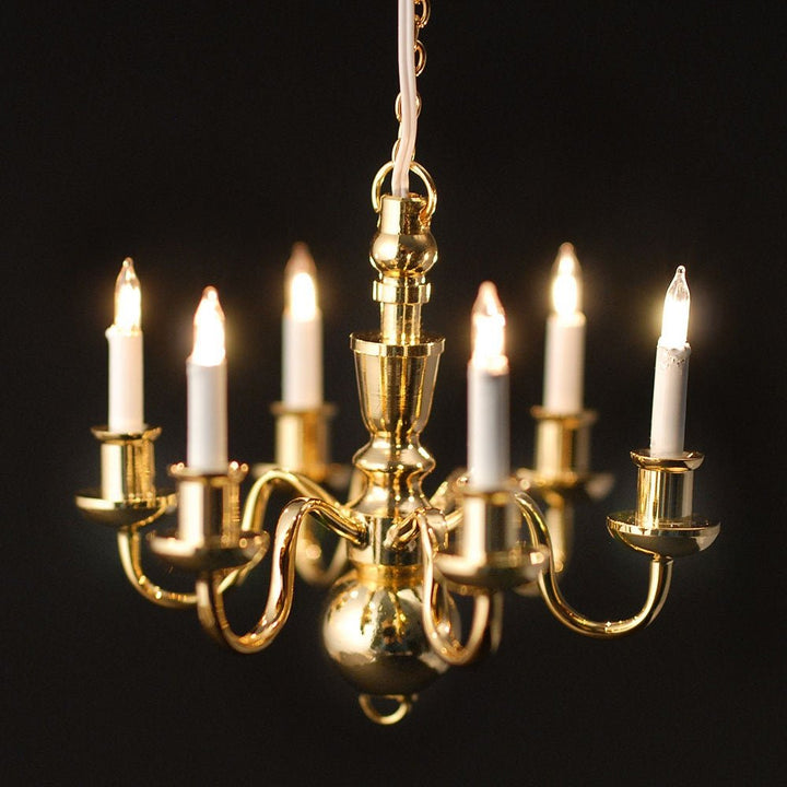 Dollhouse Miniature Chandelier Gold 6 Arm 1:12 Scale 12 Volt Electric - Miniature Crush