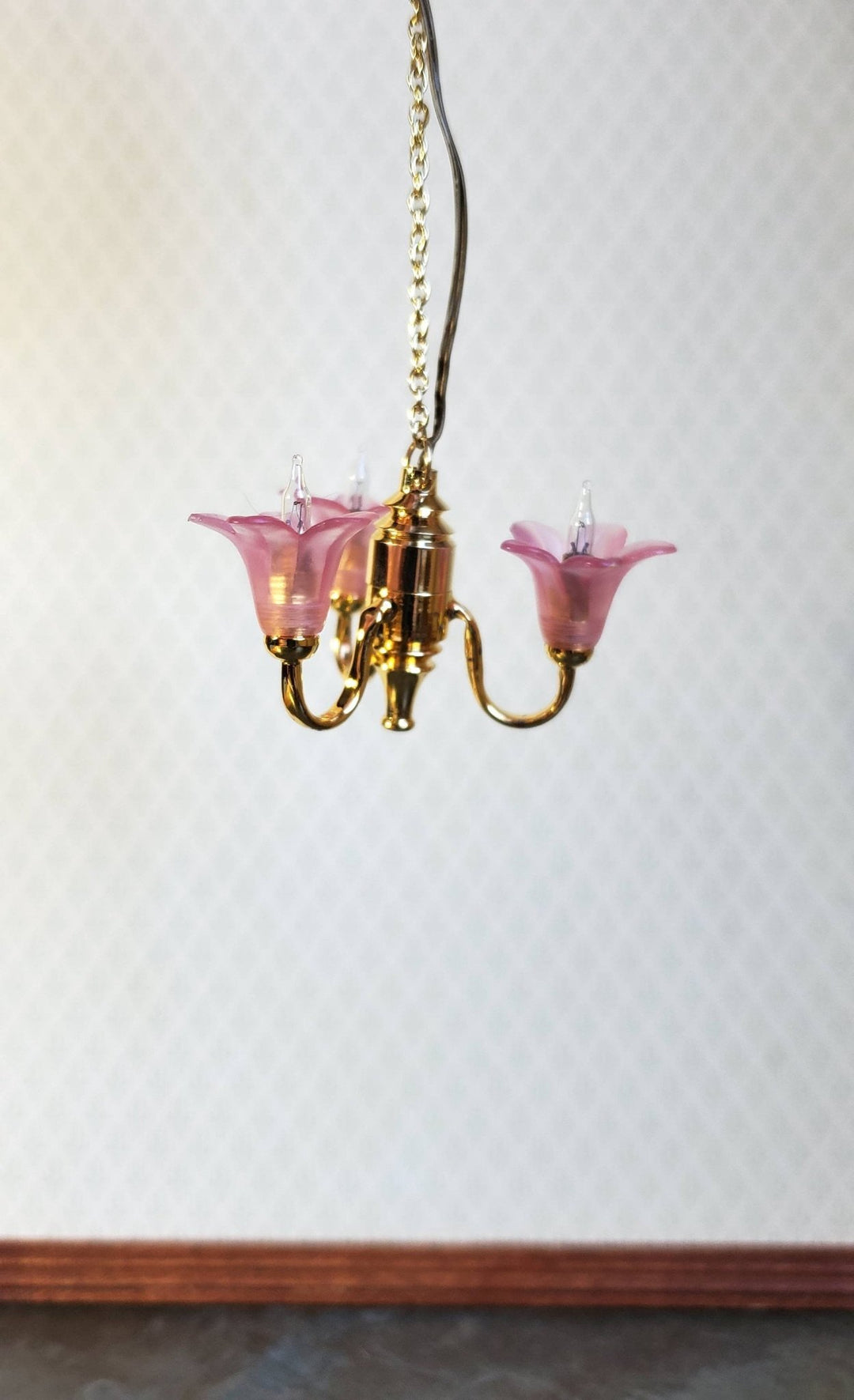 Dollhouse Miniature Chandelier Pink Flowers Light Hanging 3 Arm Electric 1:12 Scale 12 Volt - Miniature Crush
