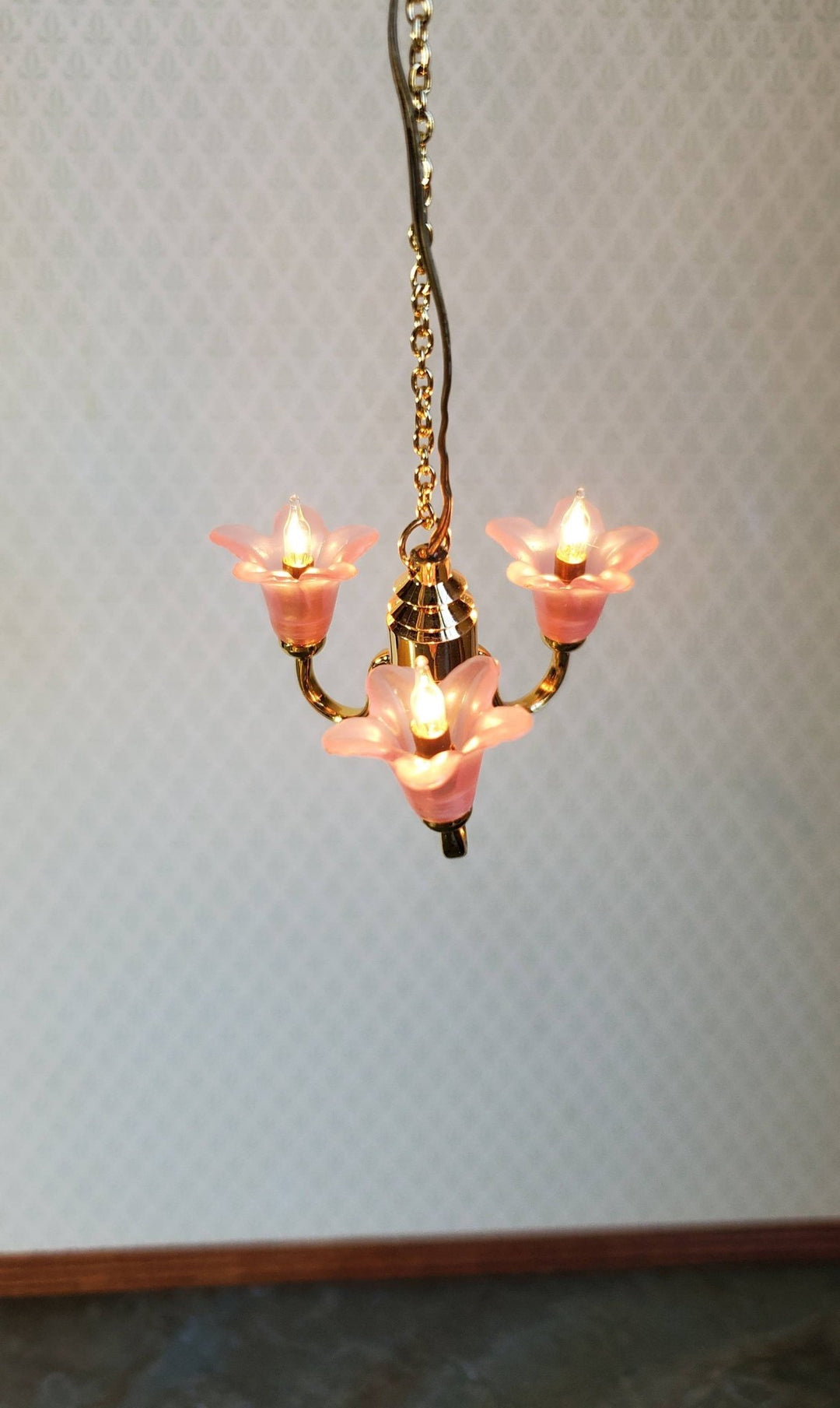Dollhouse Miniature Chandelier Pink Flowers Light Hanging 3 Arm Electric 1:12 Scale 12 Volt - Miniature Crush