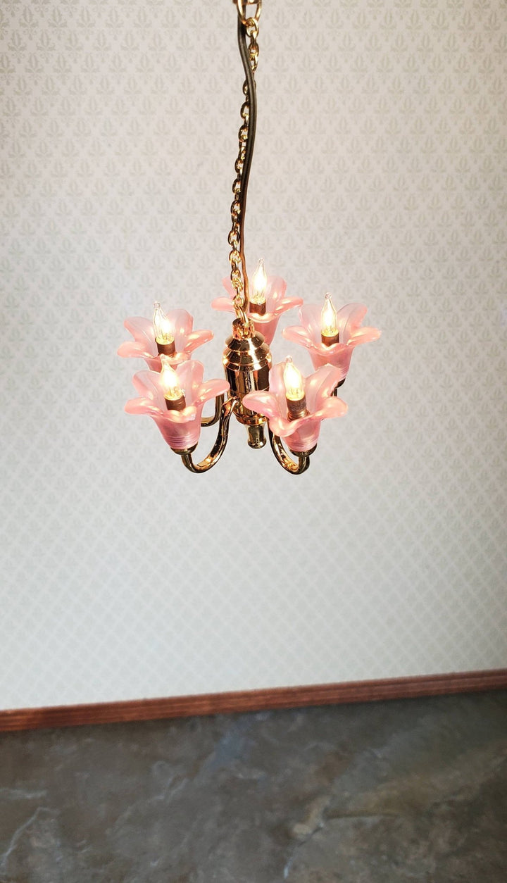 Dollhouse Miniature Chandelier Pink Flowers Light Hanging 5 Arm Electric 1:12 Scale 12 Volt - Miniature Crush