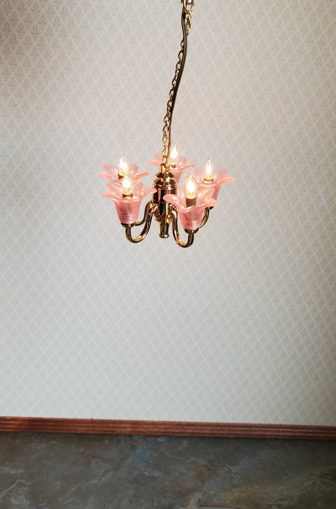 Dollhouse Miniature Chandelier Pink Flowers Light Hanging 5 Arm Electric 1:12 Scale 12 Volt - Miniature Crush