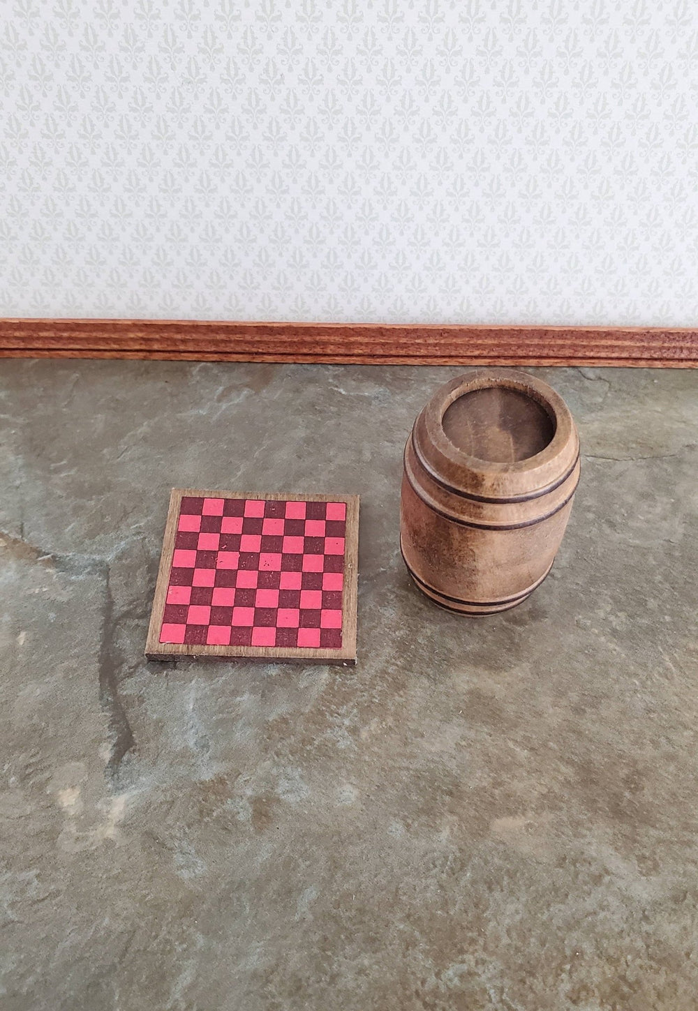 Dollhouse Miniature Checker Board on Barrel Distress Painted Wood 1:24 Scale or Small 1/12 - Miniature Crush