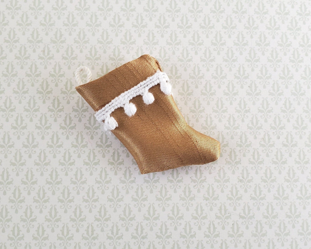 Dollhouse Miniature Christmas Stocking Gold with White Pompoms Handmade 1:12 Scale - Miniature Crush