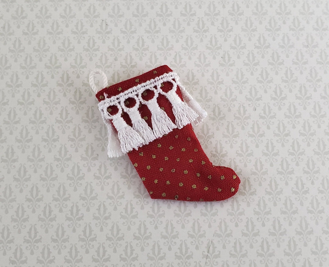 Dollhouse Miniature Christmas Stocking Red with White Tassels Handmade 1:12 Scale - Miniature Crush
