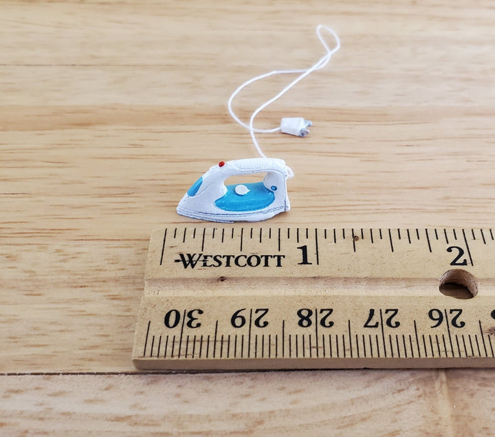 Dollhouse Miniature Clothes Iron Modern Style White Blue with Plug 1:12 Scale - Miniature Crush