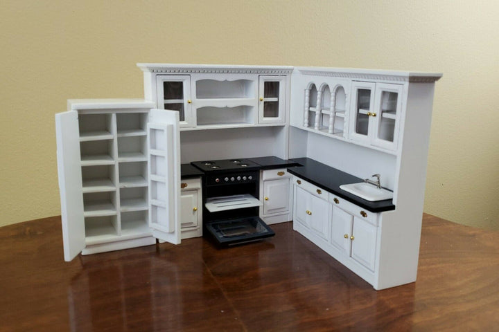 Dollhouse Miniature Corner Kitchen Wall Set Cupboards Sink Stove 1:12 Scale - Miniature Crush