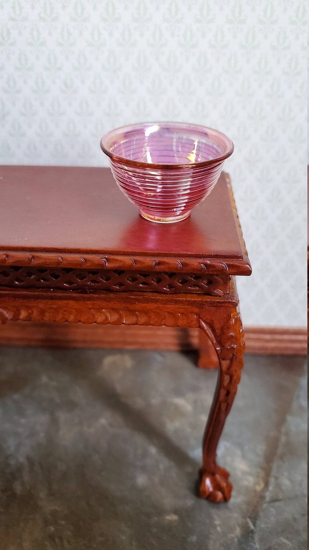 Dollhouse Miniature Cranberry Bowl Ribbed Swirl 1:12 Scale Hand Blown Glass - Miniature Crush