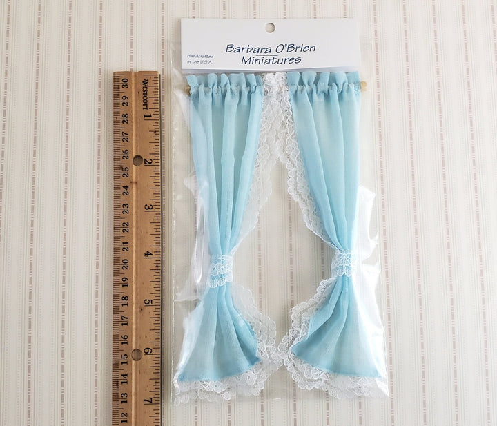 Dollhouse Miniature Curtains Light Blue with Lace & Curtain Rod 1:12 Scale Handmade - Miniature Crush