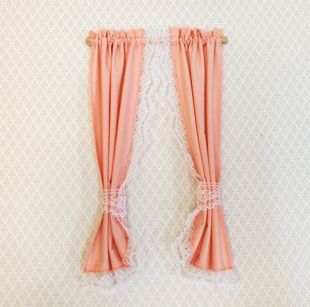 Dollhouse Miniature Curtains Peach with Lace & Curtain Rod 1:12 Scale Handmade - Miniature Crush