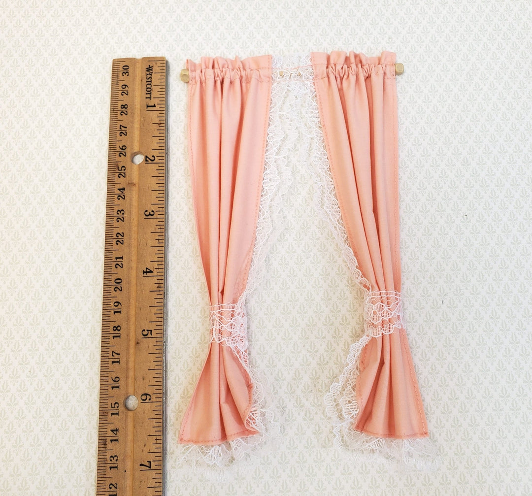 Dollhouse Miniature Curtains Peach with Lace & Curtain Rod 1:12 Scale Handmade - Miniature Crush