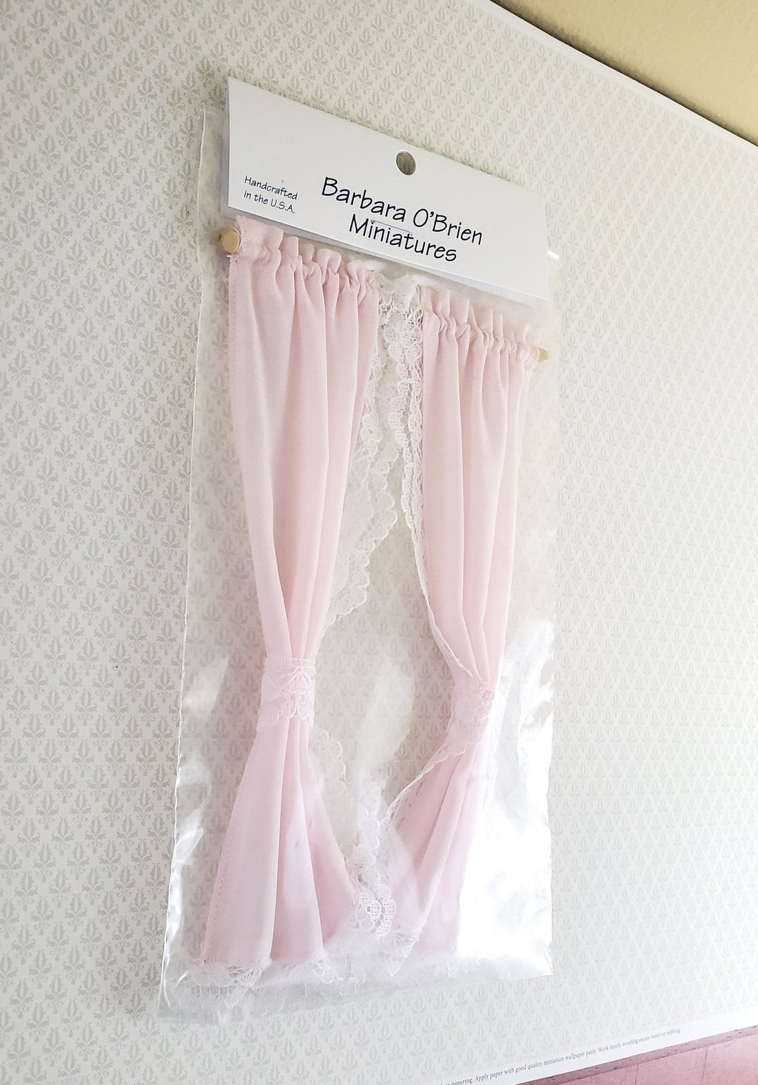 Dollhouse Miniature Curtains Pink with Lace & Curtain Rod 1:12 Scale Handmade - Miniature Crush