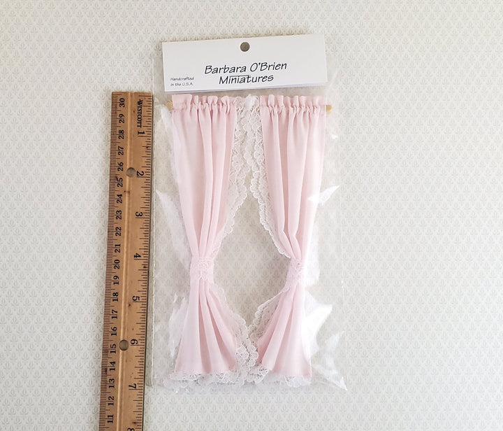 Dollhouse Miniature Curtains Pink with Lace & Curtain Rod 1:12 Scale Handmade - Miniature Crush